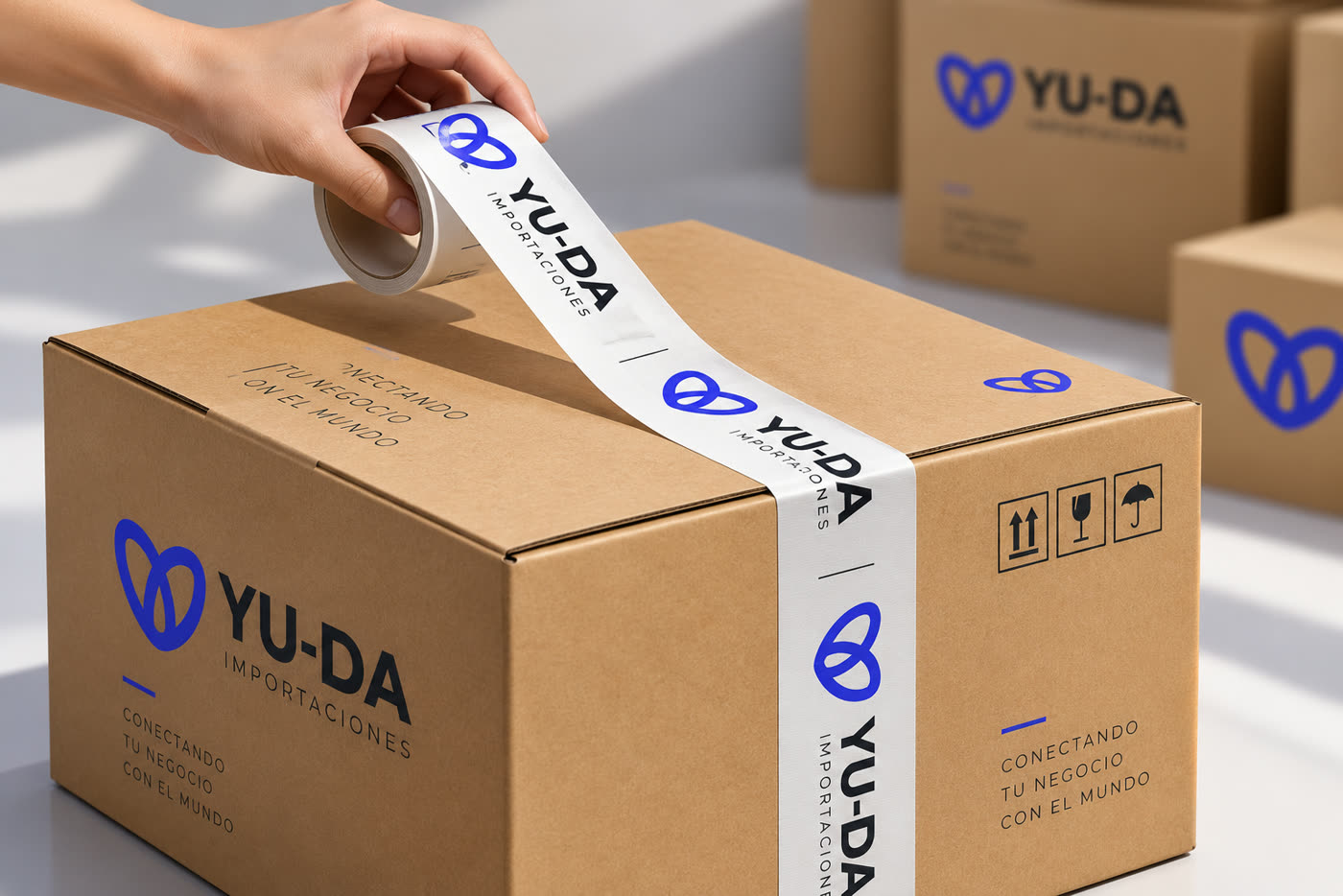 Caja de YUDA Importaciones sellada con la cinta de la marca, lista para enviar