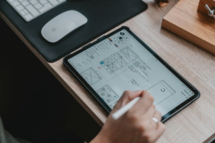 Boceto de un sitio web dibujado en una tableta